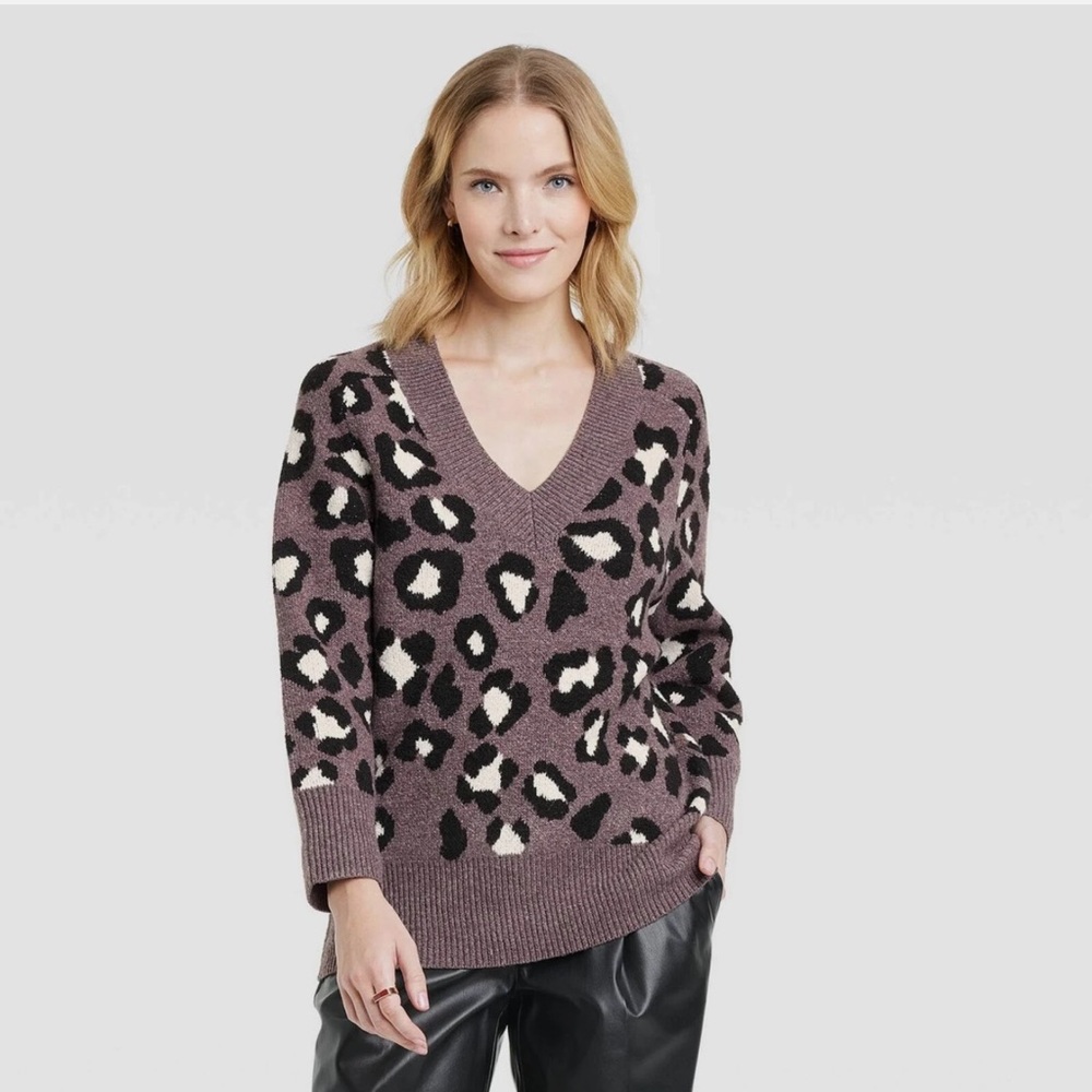 a new day Animal Print V-Neck Sweater - Purple, White, Black
